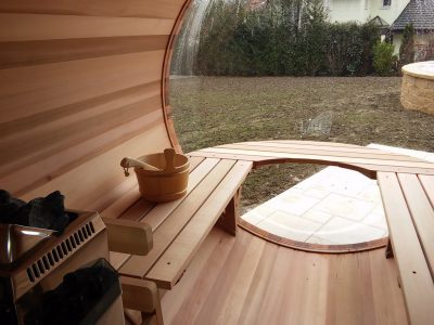 Inside of scenic view sauna with its special bench