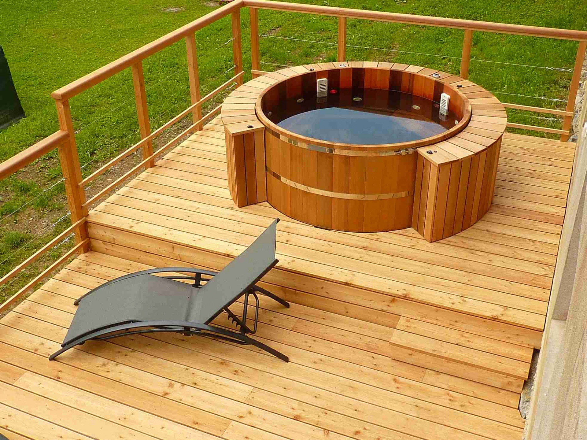 Wooden hot tub low deck high integrated 